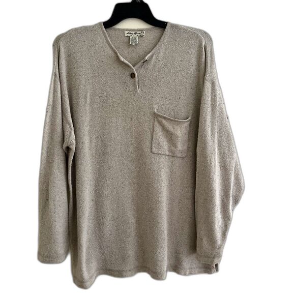 EDDIE BAUER Vintage 90s Silk Blend Oversize Knit Henley w/ Pocket, Oatmeal- Lrg - Picture 1 of 11